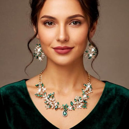 Green Rhinestone Indian Jewelry Set Gold Bridal Wedding Necklace and Earrings Sets Prom Costume Jewelry for Women and Brides - color: Gold Green