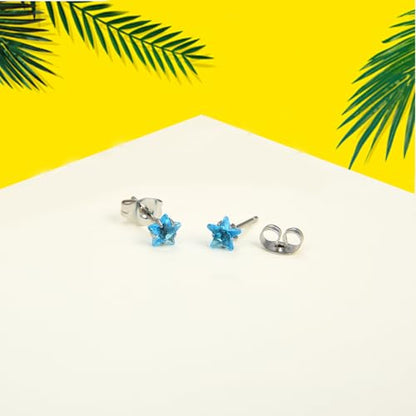 12 Pairs Surgical Stainless Steel Stud Earring Round Heart Star Square Cubic Zirconia Birthstone Stud Earrings Set for Women - color: Silver star 5mm