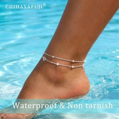 Sterling Silver Ankle Bracelets for Women 14k Gold Plated Waterproof Layered Stackable CZ Charm Non Tarnish Adjustable Anklet for Summer Beach Birthday Jewelry Gift - color: silver H