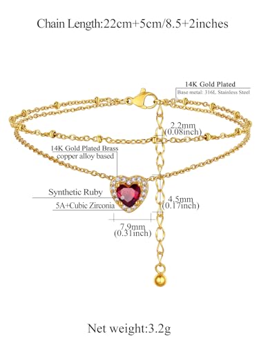 FindChic Bling Heart Birthstone Anklets Layered Beaded Ankle Bracelets for Women Gold/Black/Silver 12 Month Gem Colors Foot Chain Summer Jewelry for Girls, with Gift Box - color: Gold, style: 07. Jul.-Created Ruby