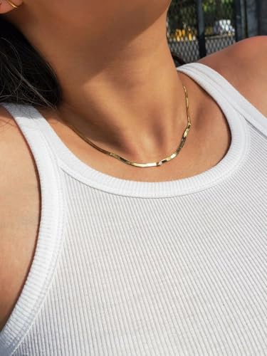 ChainsHouse Flat Snake Chain Herringbone Choker Necklace for Women, Stainless Steel/Rose Gold/18K Gold Plated Dainty Adjustable Simple Short Layered Necklaces, 12"/15"/18" with 3.5" Extender - color: a. 14k gold plated-3mm
