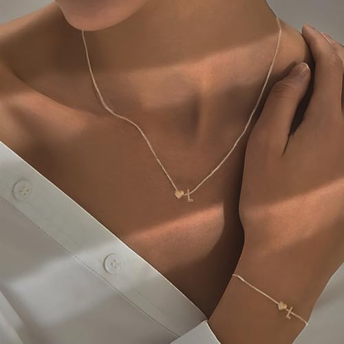 Gold Bracelets For Women Heart Initial Letter Pendant Necklace and Bracelet Set Personalized Jewelry Sets for Women Birthday Gifts for Mom Her Daughter Initial Necklace 14K Silver Plated - style: Gold-L