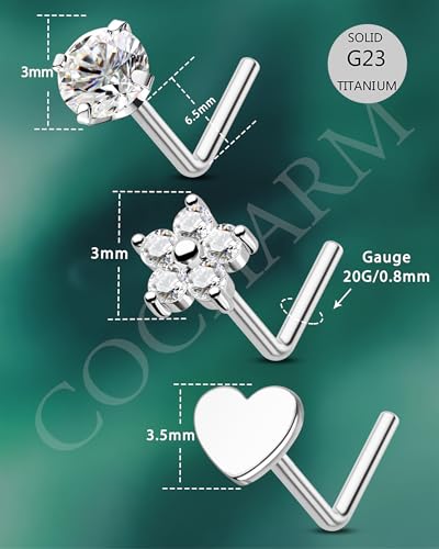 3PCS Titanium Flower Nose Rings Studs 20G, 6.5mm L-Shaped Nose Piercing Jewelry Set - Hypoallergenic Surgical Steel Heart L Bend Nostril Stud for Women Men - color: 3PCS-Silver