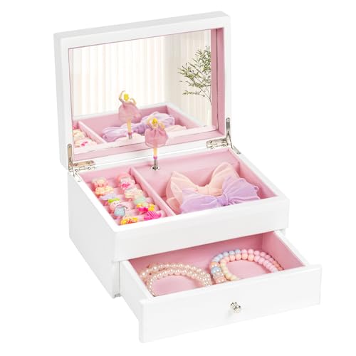 Miratino Music Jewelry Box Gifts for Girls, Wooden Kids Jewelry Boxes & Organizers with Spinning Dancer, Musical Jewelry Storage Gift for Little Girl Toddler Christmas Birthday New Year (White) - color: White, size: 2 Tier