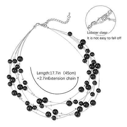 FULU AUTUMN Layered Pearl Necklace Multi-strand Pearl Choker Necklaces for Women Beaded jewelry for Wedding Parties - color: Black