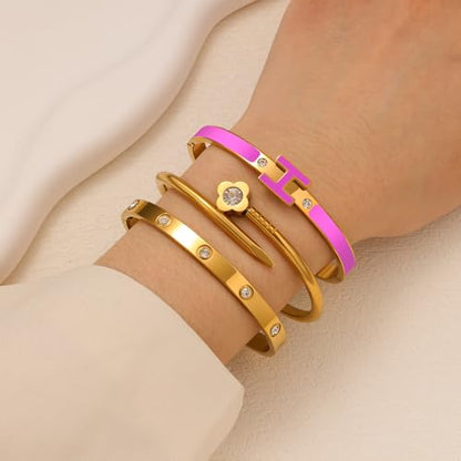 3Pcs Gold Bracelets for Women 14K Gold Plated Love/H/Nail Bangle Bracelet Dainty Non Tarnish Bracelet Jewelry Christmas Mothers Day Gifts for Women - color: 3Pcs Gold/Purple H bracelet