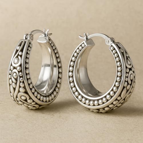 LeCalla 925 Sterling Silver Bali-Style Hoop Earrings Lightweight Click-Top Antique Two-Tone Beaded Italian Bali Style Earring Hoops for Women - style: Antique Caviar Beaded Style