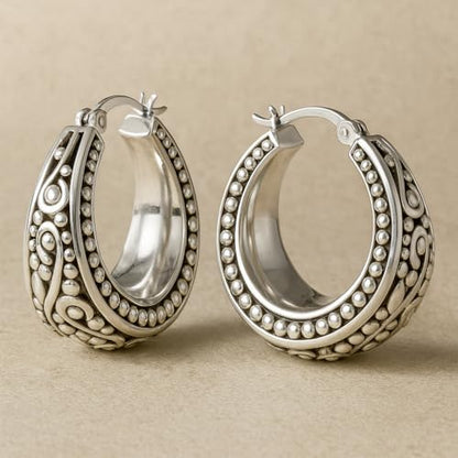 LeCalla 925 Sterling Silver Bali-Style Hoop Earrings Lightweight Click-Top Antique Two-Tone Beaded Italian Bali Style Earring Hoops for Women - style: Antique Caviar Beaded Style