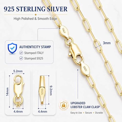 925 Sterling Silver Paperclip Chain 3mm 4mm 5mm 6mm 7mm Necklace for Women Men Diamond Cut Silver Necklace Chain 16-30 Inches - color: Gold, size: 30, style: 3mm