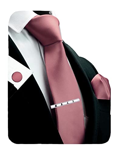 GUSLESON New 3.15"（8cm） Solid Color Necktie and Pocket Square Cufflinks Clip Set - color: Dusty Rose