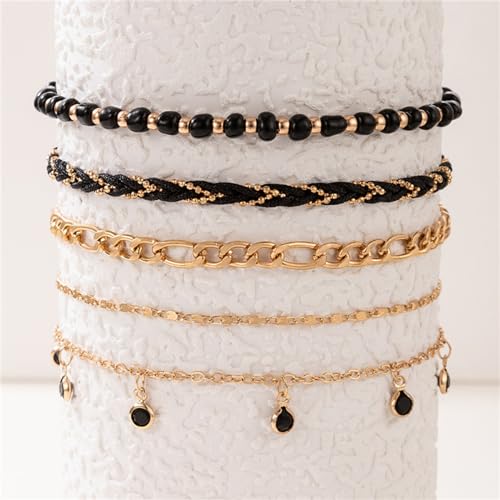 5Pcs Bohemain Layered Beaded Ankle Bracelets for Women,Dainty Stackable Seed Beads Ankle Bracelets Elastic Foot and Hand Chain Jewelry