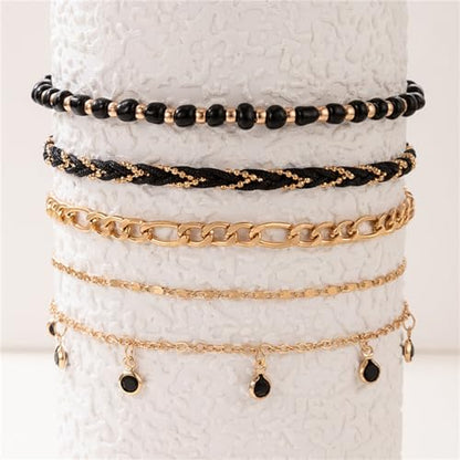 5Pcs Bohemain Layered Beaded Ankle Bracelets for Women,Dainty Stackable Seed Beads Ankle Bracelets Elastic Foot and Hand Chain Jewelry
