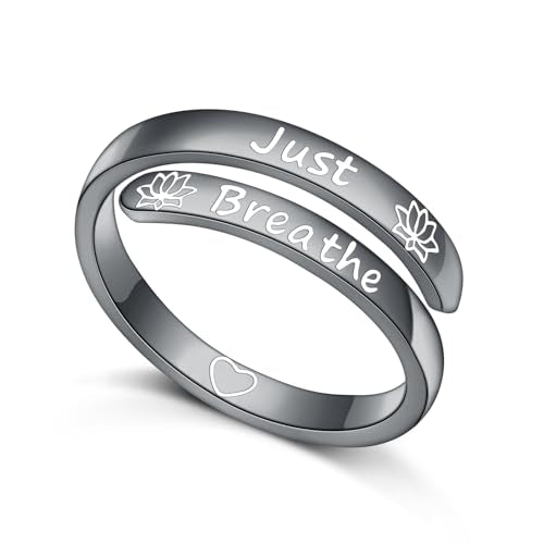 Ladytree Adjustable Inspirational Rings 925 Sterling Silver Stacking Wrap Spiral Twist Statement Band Encouragement Birthday Gift for Women Men - style: just breathe black