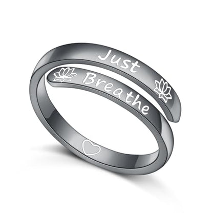 Ladytree Adjustable Inspirational Rings 925 Sterling Silver Stacking Wrap Spiral Twist Statement Band Encouragement Birthday Gift for Women Men - style: just breathe black