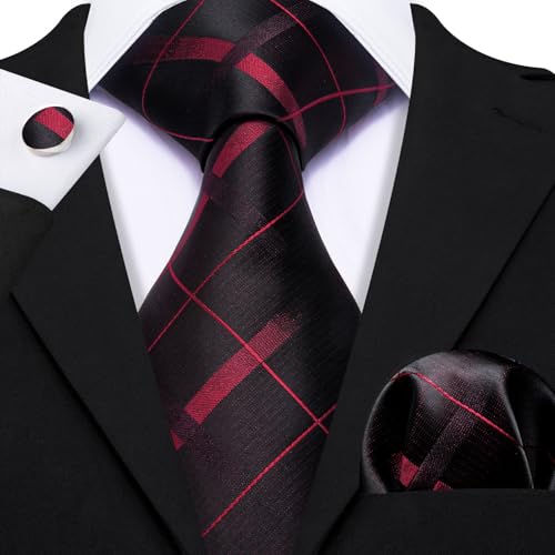 YOHOWA Men Plaid/Striped Ties Clip Set Silk Necktie Pocket Square Cufflinks | Woven Classic,Formal/Casual Mens Tie,Pocket Square Cufflinks Set,Luxury,Business,Wedding,Party,Prom,Graduation - color: Black Red