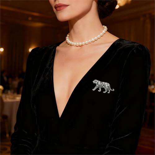Luxury Crystal Tiger Brooch Pins for Women Men Vintage Gold-Tone Climbing Black Spots Leopard Brooch Fashion Panther Cougar Pin Suit Jackets Coat Animal Jewelry Gift - style: Silver