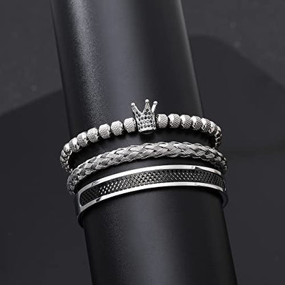 WFYOU 3PCS Stainless Steel Imperial Crown Bracelets for Men Gold Roman Numeral Bangle Bracelet Adjustable Cuff Bracelet Mens Luxury Jewelry Gifts - style: 03:Black-Crown