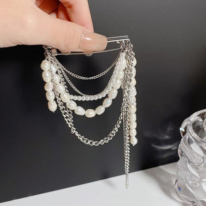Retro Multi Strands Fringe Brooch Shimmering Fringe Brooch Pin Ornament for Jackets Scarves Hats Accessories Alloy Faux Pearls Statement