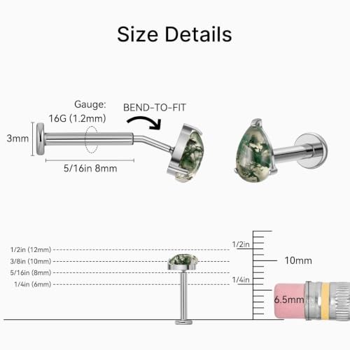 1PC ASTM F136 Titanium Push Pin Moss Agate Stone Flat Back Earrings 16G 8mm for Helix Conch Tragus - color: Waterdrop-Tit