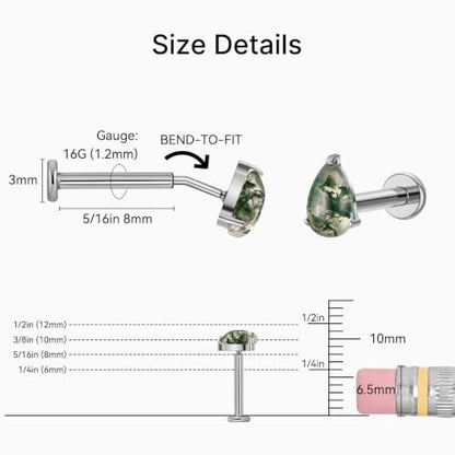1PC ASTM F136 Titanium Push Pin Moss Agate Stone Flat Back Earrings 16G 8mm for Helix Conch Tragus - color: Waterdrop-Tit