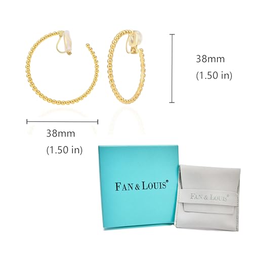 FAN&LOUIS 24K Gold Plated Hoop Clip On Earrings for Women, Gold Beaded Hoop Trendy Hypoallergenic Non Pierced Earrings Painless Lightweight 38mm Clip-On Earrings - style: Gold and Silver