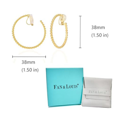 FAN&LOUIS 24K Gold Plated Hoop Clip On Earrings for Women, Gold Beaded Hoop Trendy Hypoallergenic Non Pierced Earrings Painless Lightweight 38mm Clip-On Earrings - style: Gold and Silver