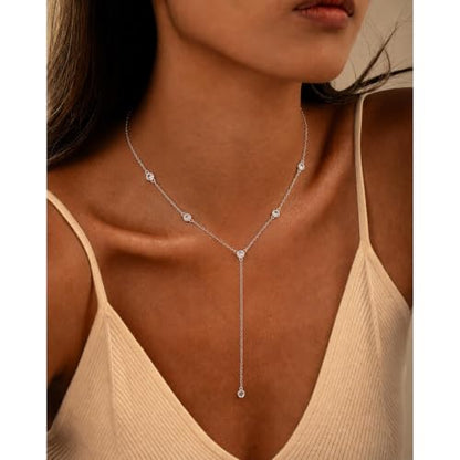 Lariat Necklace for Women, Dainty 14K Gold/Silver Plated Long Necklaces for Women Trendy Simple Layered Y-Shaped Pendant Necklace Adjustable Fashion Jewelry Gift - color: Silver, style: CZ Y Necklace