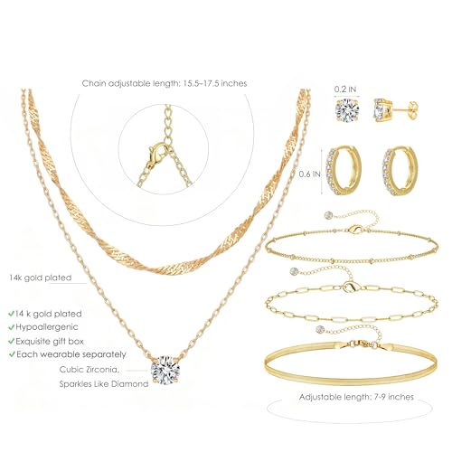 7-Piece Set 14K Gold Plated Jewelry Set Dainty Layered Necklaces CZ Stud Earring Huggie Hoop Earrings Chain Bracelets Gifts for Women - color: Style A-Gold-Necklaces Earrings Bracelets