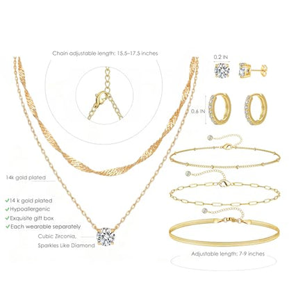 7-Piece Set 14K Gold Plated Jewelry Set Dainty Layered Necklaces CZ Stud Earring Huggie Hoop Earrings Chain Bracelets Gifts for Women - color: Style A-Gold-Necklaces Earrings Bracelets