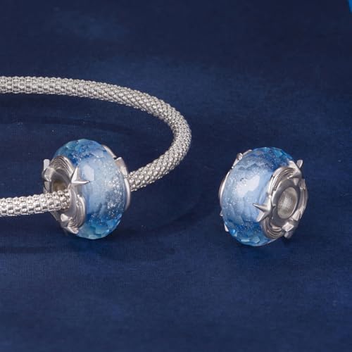 Celestial Bead Charms for Bracelets, Star Moon Dreamcatcher Dangle Charms, Silver Tone Copper, Glass Resin CZ Accents, Charm Beads for Women Jewelry Making, Gift Box Included - color: Blue Meteor Glass Bead Charm