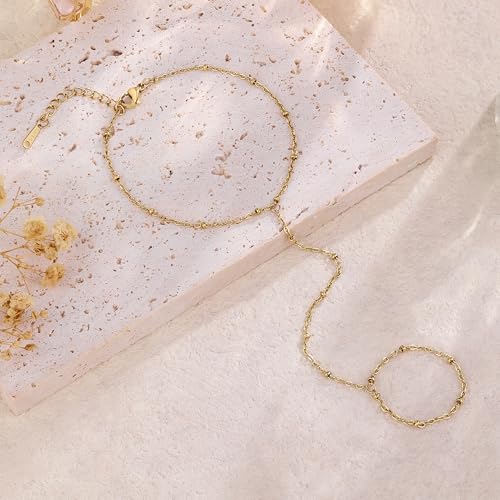 Hand Chain Bracelet Stainless Steel Gold Handchain Bracelets | Non Tarnish Handchain Bracelet for Women Summer Essentials Gold Link Bracelet Beach Waterproof Jewelry - color: Gold Bead