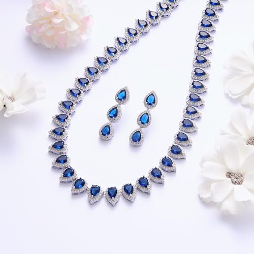 EleQueen Women's Silver-Tone Full Prong Cubic Zirconia Teardrop Bridal Necklace Earrings Set - color: 01-Sapphire Color