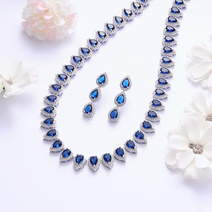 EleQueen Women's Silver-Tone Full Prong Cubic Zirconia Teardrop Bridal Necklace Earrings Set - color: 01-Sapphire Color