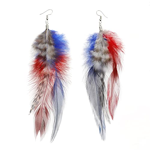 Long Bohemian Pheasant Feathers Statement Earrings Handmade Natural Lightweight Feather Dangle Earrings for Women (ea000067) - color: Red&Blue A