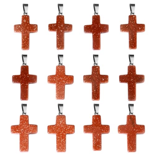 12PCS Natural Stone Cross Pendant Gemstone Charms Bulk for Jewelry Making | Healing Crystal Quartz Chakra Reiki Gemstone Pendants Charms Bulk for Necklace Craft - color: Red Sandstone Cross(Synthetic)