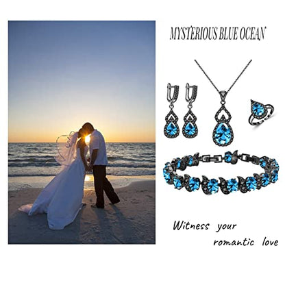 LMXXVJ Women Jewelry Set Platinum Plated Necklace Open Ring Earrings Bracelet Set,Birthday/Anniversary Mother’s Day Jewelry Gifts for Mom/Wife/Sister/Best Friend - color: Black Gun-Sky Blue