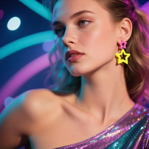 Colorful 80s 90s Neon Star Earrings for Women Retro Glow Party Costume 80s 90s Acrylic Dangle Earrings Outfit - style: Symmetrical Hot Pink and Yellow