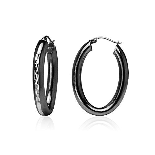Hoops & Loops 925 Sterling Silver 4.5mm Thick Oval Diamond-Cut Hoop Earrings, 25mm 30mm, Silver, Yellow Gold, Rose Gold & Black - color: Black 25mm-1''