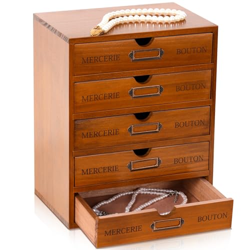 Wesiti 5-drawer Vintage Wooden Desk Organizer, Rustic Apothecary Cabinet Storage Drawers, Home Office Organizer for Craft, Sewing, Jewelry, Gift - Wood Desktop Drawer Box, Stackable - color: Brown, size: 5 Drawers