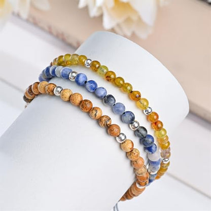 Natural Stone&925 Sterling Silver/18K Gold Anklet,│4MM│9-12 in│, Hand Woven, Adjustable Size - color: Brown Dragon Agate