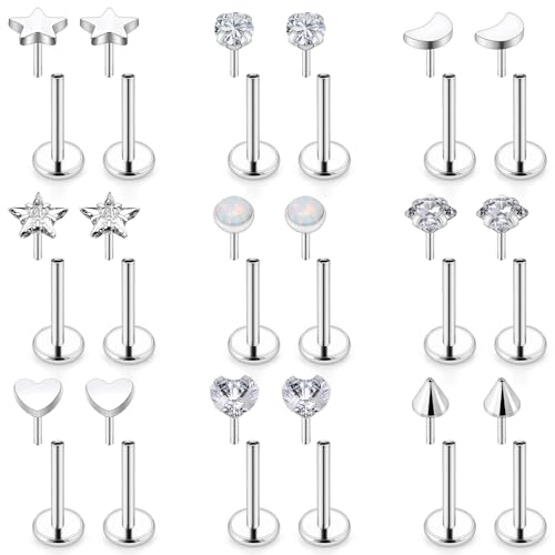 Threadless Noses Rings, Flat Back Earrings, 20/18/16g-Gauge 5/16in-Post 3mm-Top, Hypoallergenic Surgical Steel Medusa Lip Labret Cartilage Helix Tragus Conch Piercing Jewelry for Women Men - color: White, size: 18g*8mm