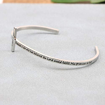 𝐂𝐫𝐨𝐬𝐬 𝐁𝐫𝐚𝐜𝐞𝐥𝐞𝐭 Religious Cuff Bangle 𝐁𝐢𝐛𝐥𝐞 𝐕𝐞𝐫𝐬𝐞 Christian Gifts Jewelry for 𝐖𝐨𝐦𝐞𝐧 - style: Silver cuff-Blessed is she who has believed ... to her -Luke 1:45