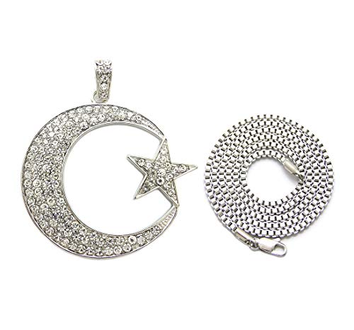 Fashion 21 Unisex Iced Out Crescent Moon & Star Pendant 24" Various Chain Necklace in Gold, Silver Tone - color: Silver / 2mm 24" Box Chain
