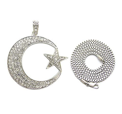 Fashion 21 Unisex Iced Out Crescent Moon & Star Pendant 24" Various Chain Necklace in Gold, Silver Tone - color: Silver / 2mm 24" Box Chain