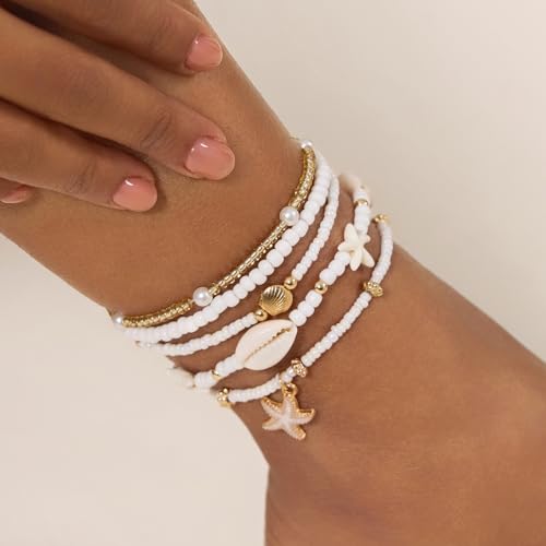 Cicy Bell Boho Ankle Bracelets Set for Women Beach Jewelry Bead Anklets | Hawaiian Shell Starfish Charm,Adjustable,Waterproof Non Tarnish,Summer Vacation Foot Jewelry - color: Gold