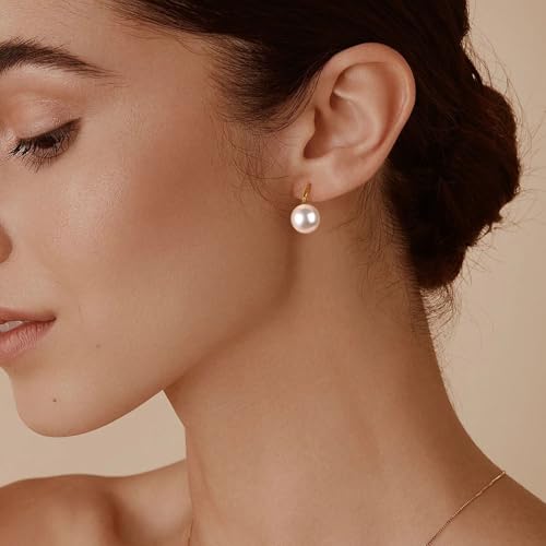 Pearl Drop Earrings for Women | S925 Sterling Silver-plated Hook Dangle Earrings, Lightweight Hypoallergenic Classic Round Pearl Jewelry Gift - color: Gold Hook-White Pearl, size: 10mm