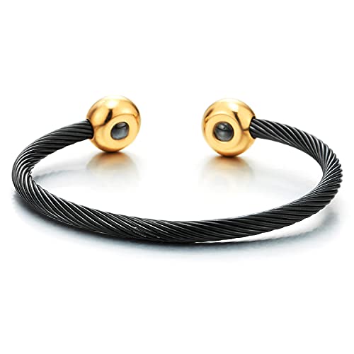 COOLSTEELANDBEYOND Elastic Adjustable Stainless Steel Cuff Bangle Bracelet for Mens Womens - color: J-Metal Color: Black & Gold