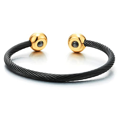 COOLSTEELANDBEYOND Elastic Adjustable Stainless Steel Cuff Bangle Bracelet for Mens Womens - color: J-Metal Color: Black & Gold