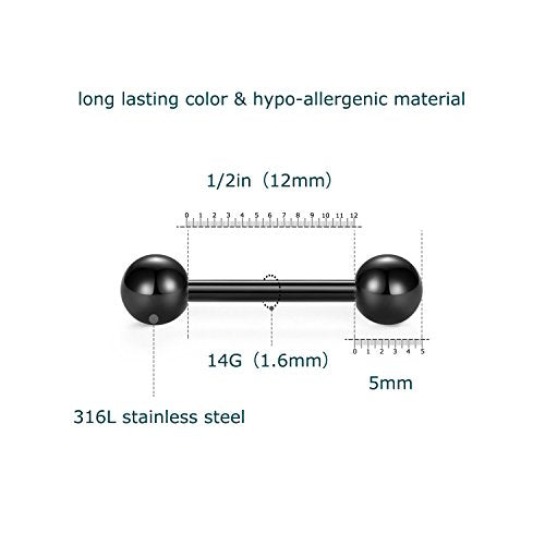 VCMART 12mm-18mm 14G Tongue Rings Nipple Straight Barbells Surgical Steel Body Piercing Jewelry - style: Style C -24pcs, silver & black