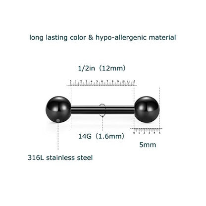 VCMART 12mm-18mm 14G Tongue Rings Nipple Straight Barbells Surgical Steel Body Piercing Jewelry - style: Style C -24pcs, silver & black
